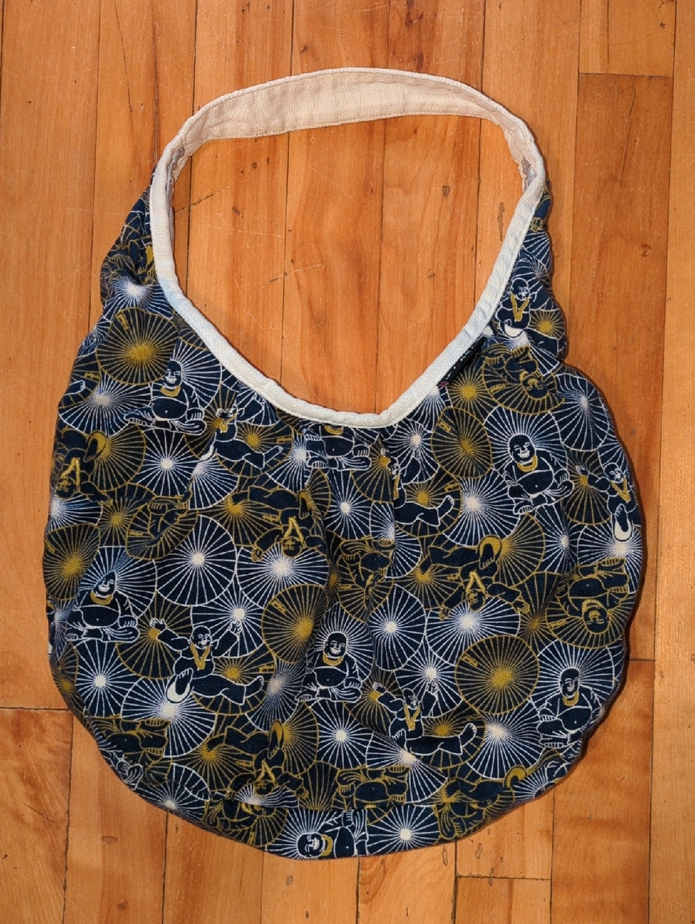 Navy, White And Greenish Gold Buddha Patterned Shoulder Hobo Bag